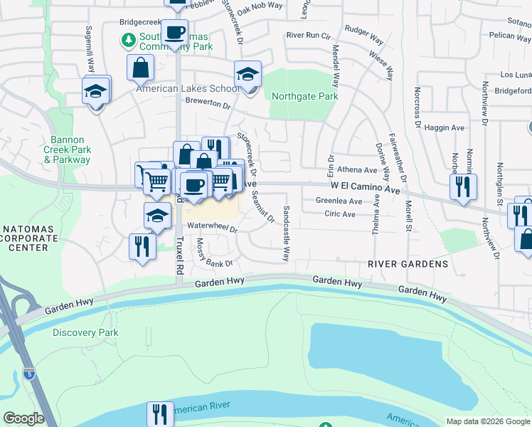 map of restaurants, bars, coffee shops, grocery stores, and more near 2450 Seamist Drive in Sacramento