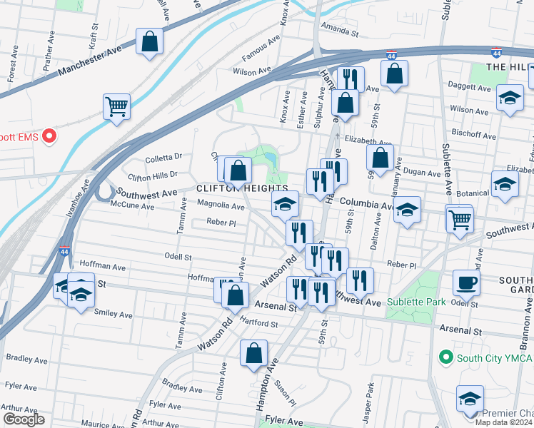 map of restaurants, bars, coffee shops, grocery stores, and more near 6115 Southwest Avenue in St. Louis