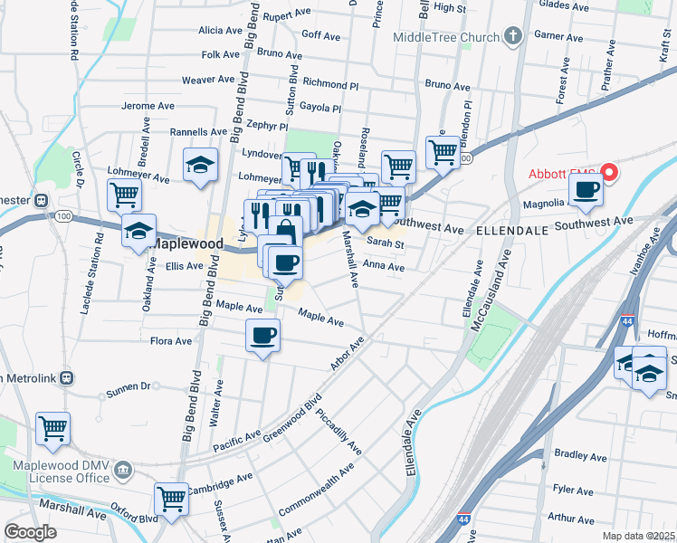 map of restaurants, bars, coffee shops, grocery stores, and more near 7333 Myrtle Avenue in Maplewood