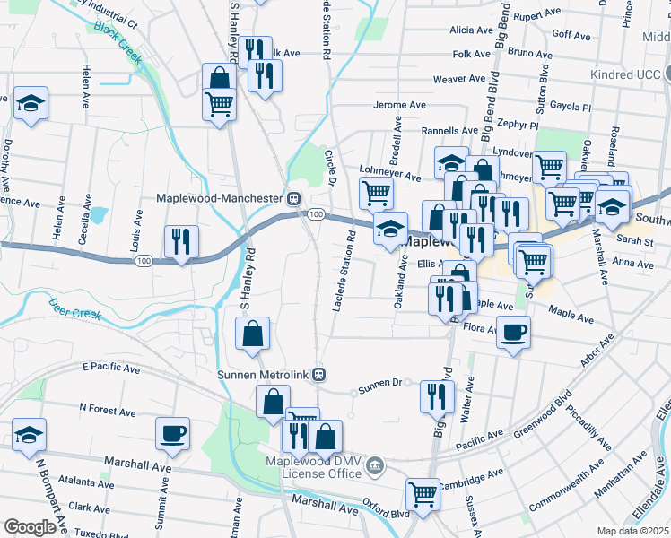 map of restaurants, bars, coffee shops, grocery stores, and more near 7846 Manchester Road in Maplewood