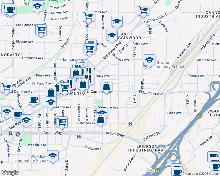 map of restaurants, bars, coffee shops, grocery stores, and more near 1051 El Camino Avenue in Sacramento