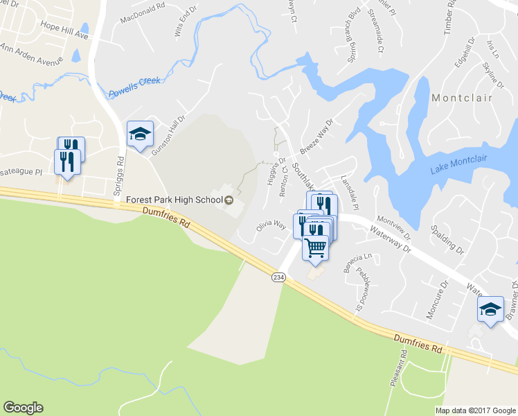 map of restaurants, bars, coffee shops, grocery stores, and more near 5130 Higgins Dr in Dumfries