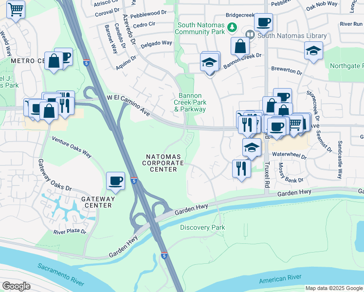 map of restaurants, bars, coffee shops, grocery stores, and more near 2500 Natomas Park Drive in Sacramento