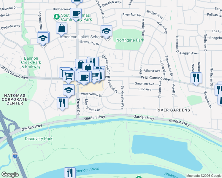 map of restaurants, bars, coffee shops, grocery stores, and more near 2450 Sea Mist Drive in Sacramento