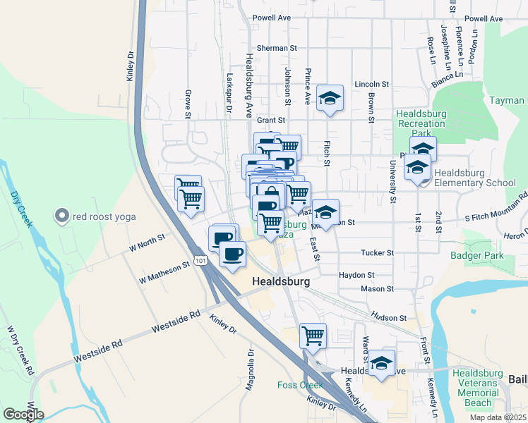 map of restaurants, bars, coffee shops, grocery stores, and more near 377 Healdsburg Avenue in Healdsburg