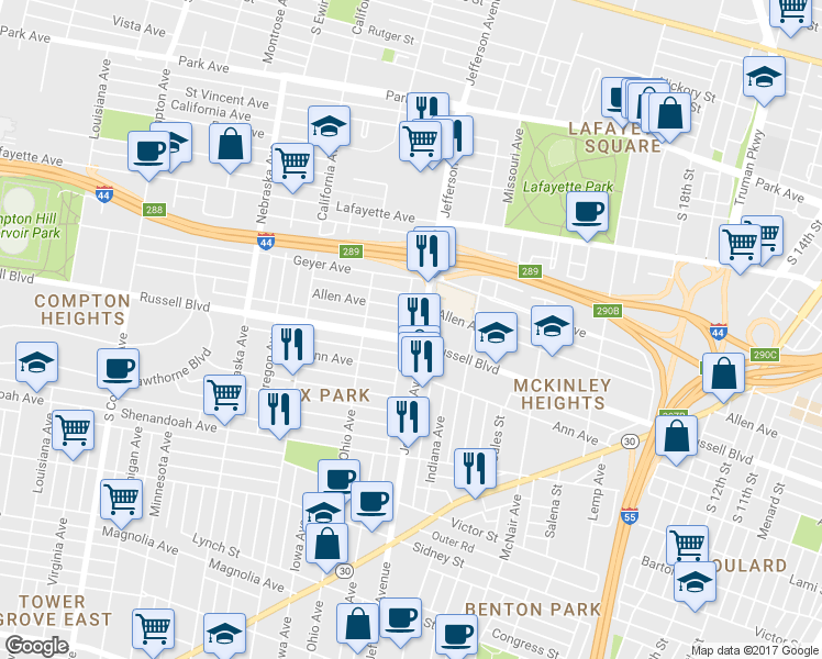 map of restaurants, bars, coffee shops, grocery stores, and more near 2019 South Jefferson Avenue in St. Louis