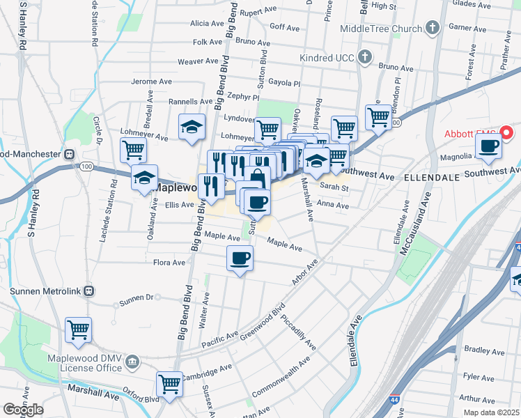 map of restaurants, bars, coffee shops, grocery stores, and more near 2728 Sutton Boulevard in Maplewood
