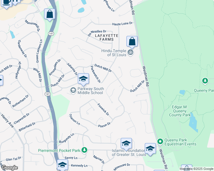 map of restaurants, bars, coffee shops, grocery stores, and more near 1259 Autumn Wood Circle in Ballwin