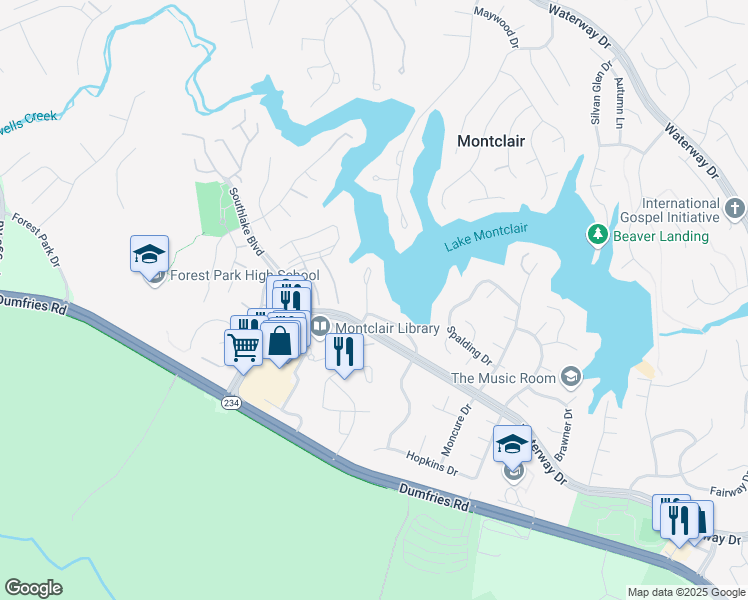 map of restaurants, bars, coffee shops, grocery stores, and more near 15785 Widewater Drive in Montclair