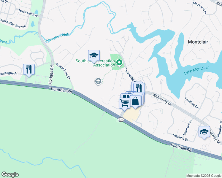 map of restaurants, bars, coffee shops, grocery stores, and more near 5130 Higgins Dr in Dumfries