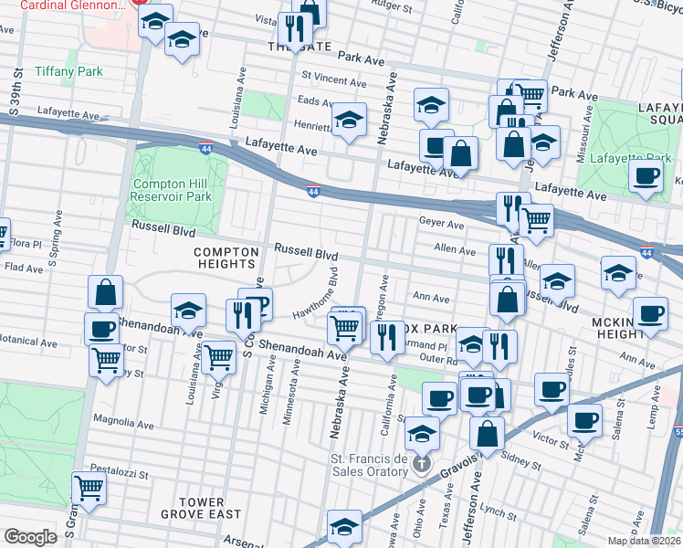 map of restaurants, bars, coffee shops, grocery stores, and more near 3020 Hawthorne Boulevard in St. Louis