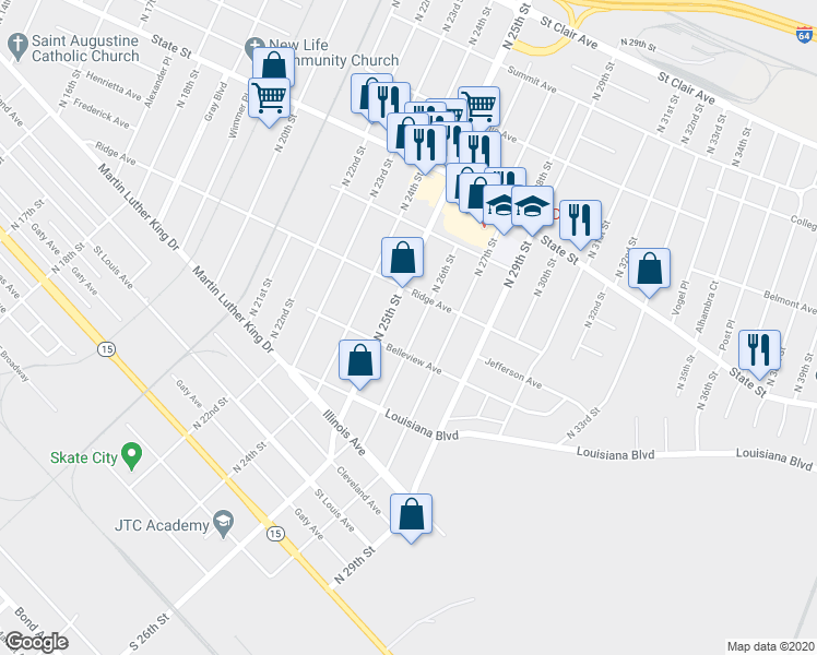 map of restaurants, bars, coffee shops, grocery stores, and more near 475 North 26th Street in East St. Louis