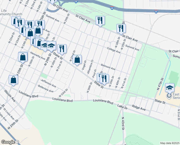 map of restaurants, bars, coffee shops, grocery stores, and more near 616 Alhambra Court in East St. Louis
