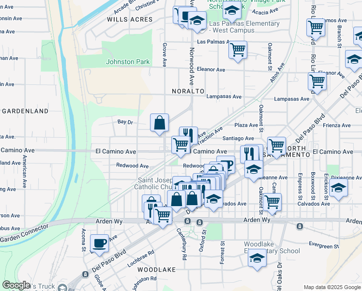 map of restaurants, bars, coffee shops, grocery stores, and more near 2500 Hawthorne Street in Sacramento