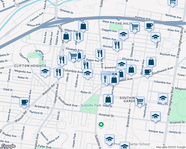 map of restaurants, bars, coffee shops, grocery stores, and more near 5610 Columbia Avenue in St. Louis