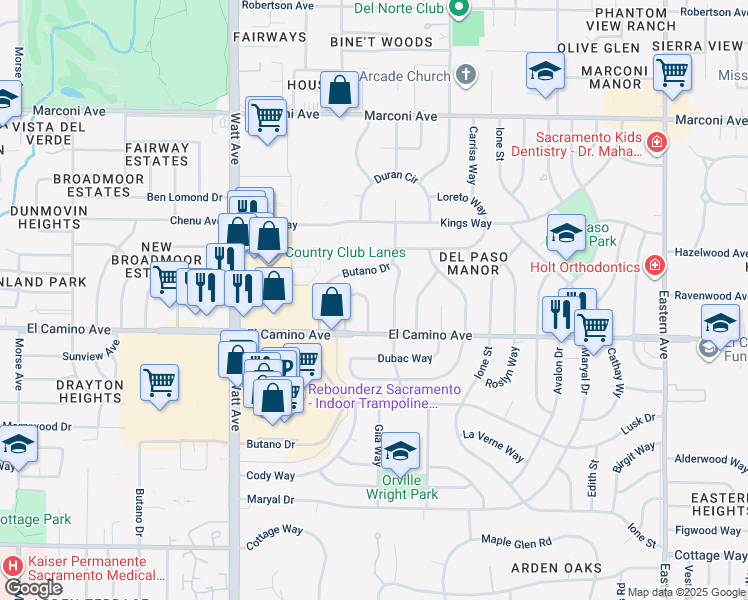 map of restaurants, bars, coffee shops, grocery stores, and more near 2549 Borica Way in Sacramento