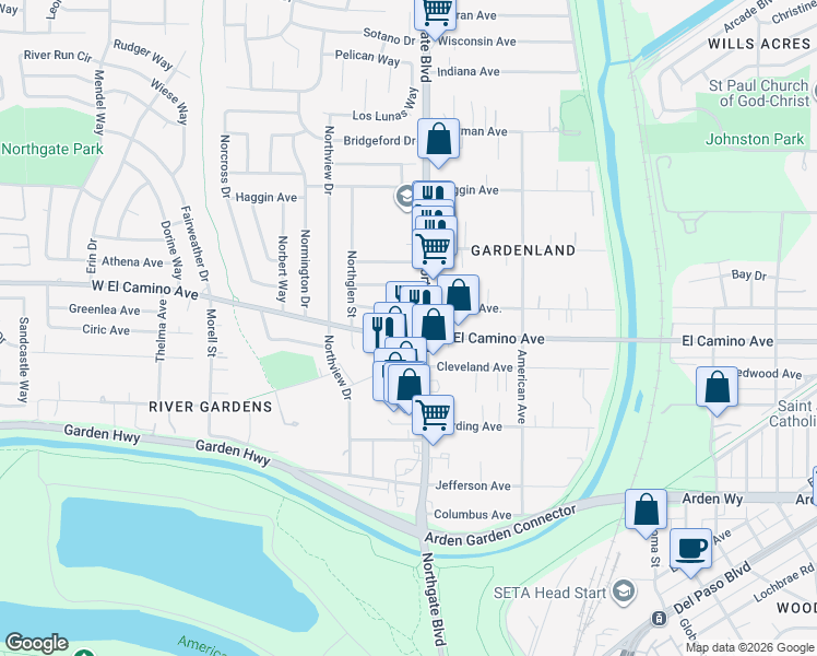 map of restaurants, bars, coffee shops, grocery stores, and more near Northgate Boulevard in Sacramento