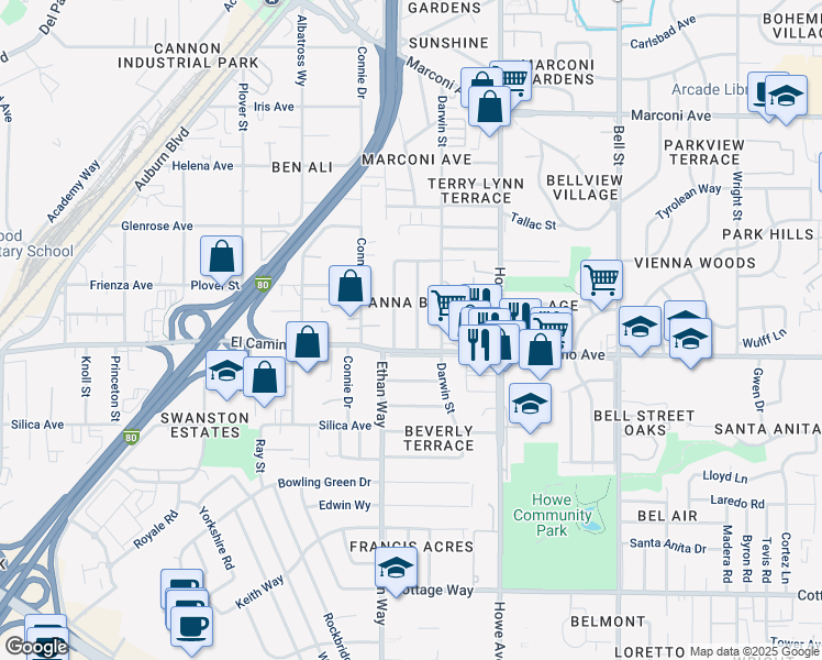 map of restaurants, bars, coffee shops, grocery stores, and more near 2513 Anna Way in Sacramento