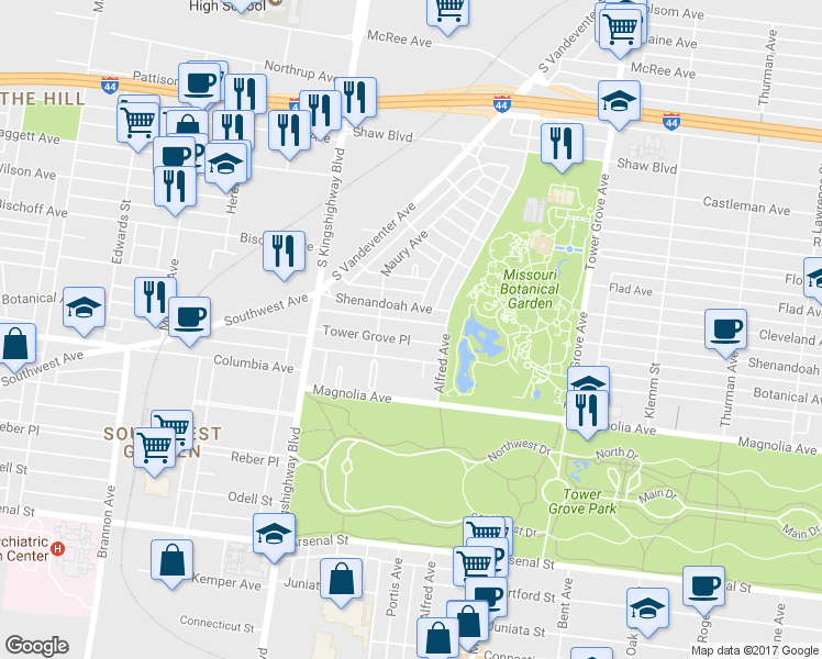 map of restaurants, bars, coffee shops, grocery stores, and more near 4537 Tower Grove Place in St. Louis