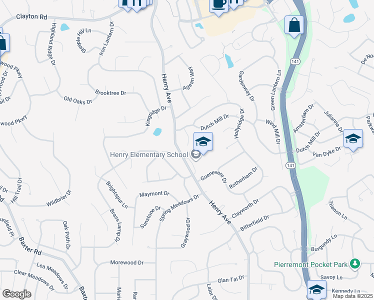 map of restaurants, bars, coffee shops, grocery stores, and more near 6 Springlake Court in Ballwin