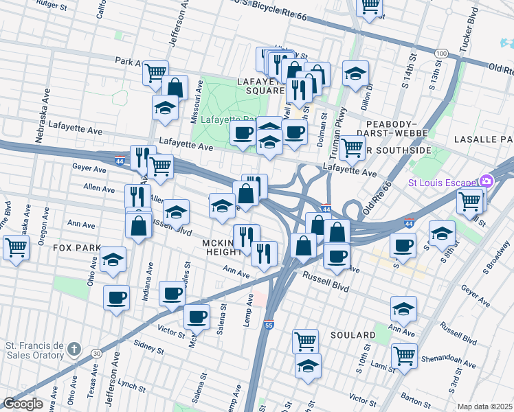 map of restaurants, bars, coffee shops, grocery stores, and more near 1780 Mississippi Avenue in St. Louis