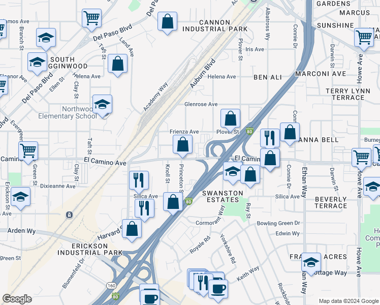 map of restaurants, bars, coffee shops, grocery stores, and more near 2528 Princeton Street in Sacramento