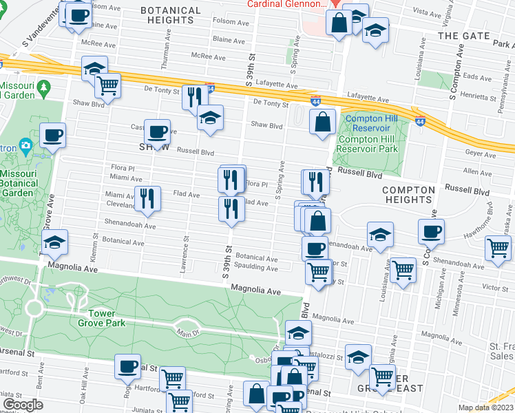 map of restaurants, bars, coffee shops, grocery stores, and more near 3830 Flad Avenue in St. Louis