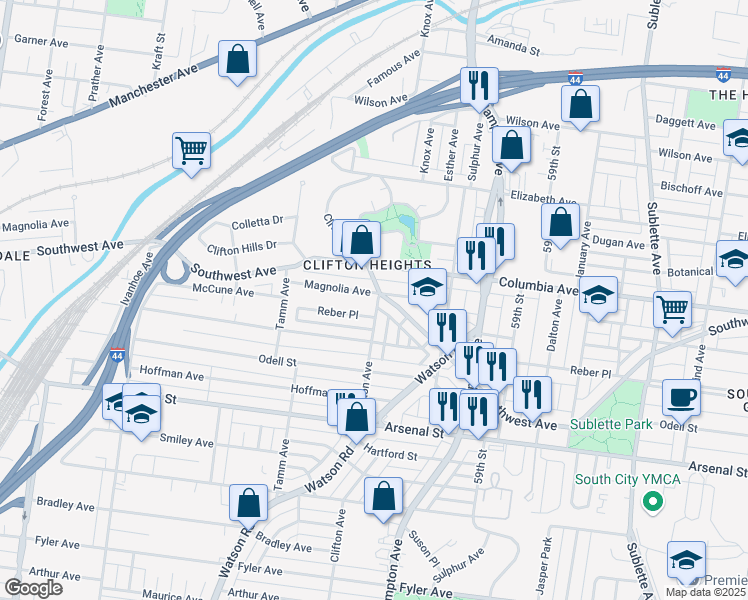 map of restaurants, bars, coffee shops, grocery stores, and more near 6200 Magnolia Avenue in St. Louis