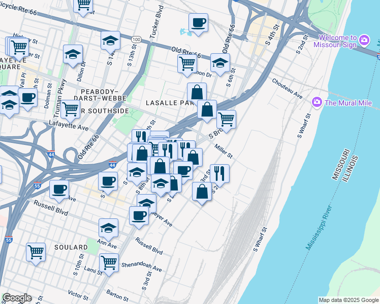 map of restaurants, bars, coffee shops, grocery stores, and more near 1506 7th Boulevard in St. Louis