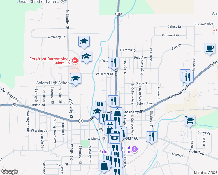 map of restaurants, bars, coffee shops, grocery stores, and more near 606 North Main Street in Salem