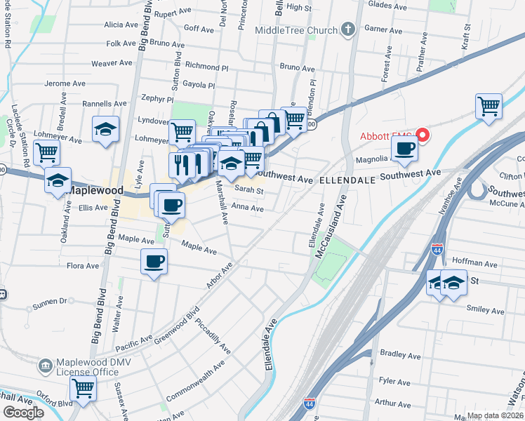 map of restaurants, bars, coffee shops, grocery stores, and more near 7230 Anna Avenue in Maplewood