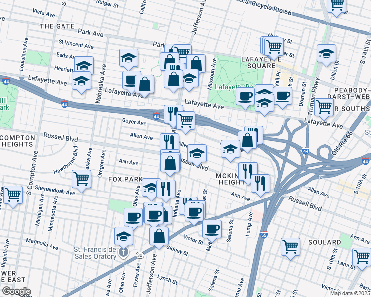 map of restaurants, bars, coffee shops, grocery stores, and more near 2316 Allen Avenue in St. Louis