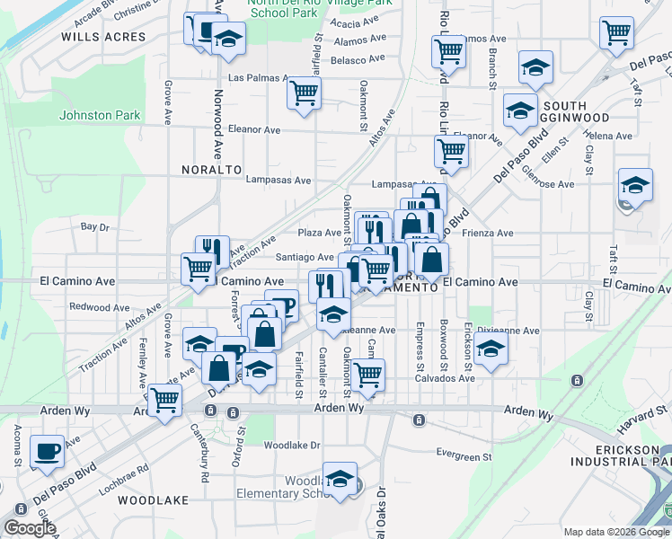 map of restaurants, bars, coffee shops, grocery stores, and more near Traction Avenue Fairfield Street Alley in Sacramento