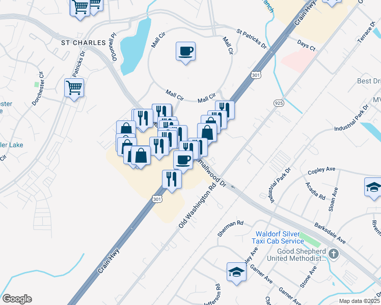 map of restaurants, bars, coffee shops, grocery stores, and more near Crain Highway & Smallwood Drive West in Waldorf