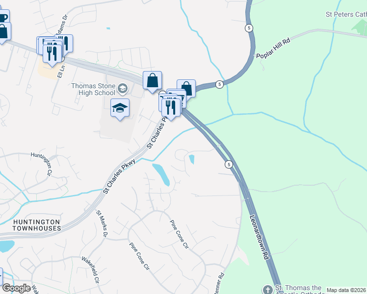 map of restaurants, bars, coffee shops, grocery stores, and more near 12311 Sweetbriar Place in Waldorf