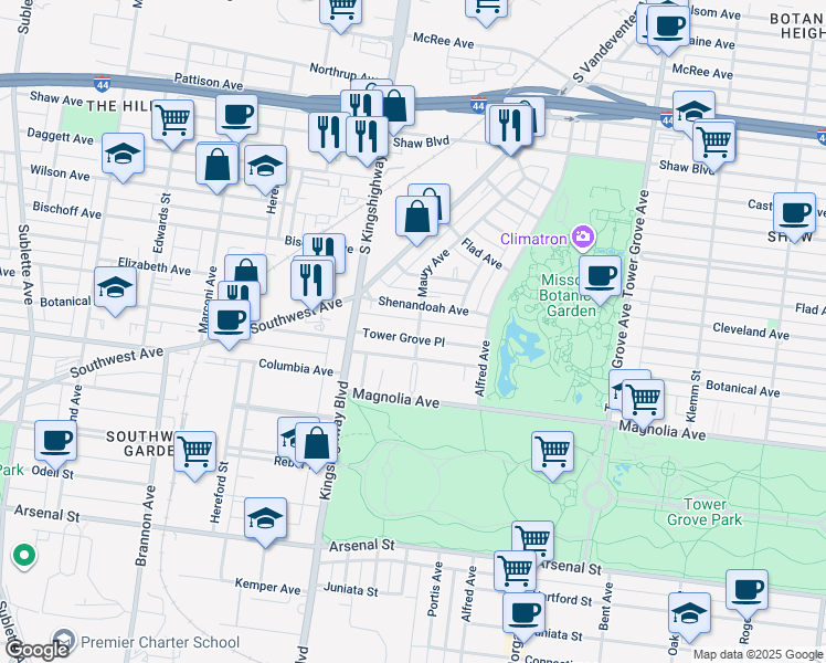 map of restaurants, bars, coffee shops, grocery stores, and more near 4601 Tower Grove Place in St. Louis