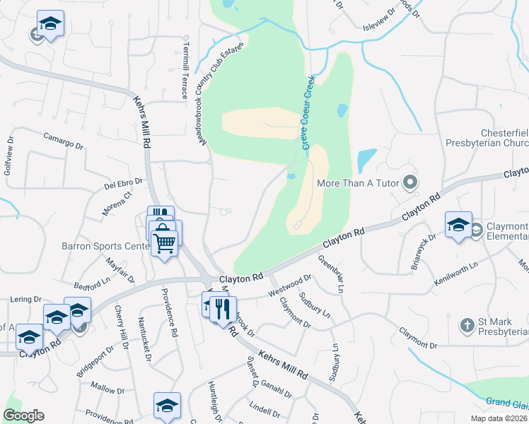 map of restaurants, bars, coffee shops, grocery stores, and more near 56 Meadowbrook Country Club Estates in Ballwin