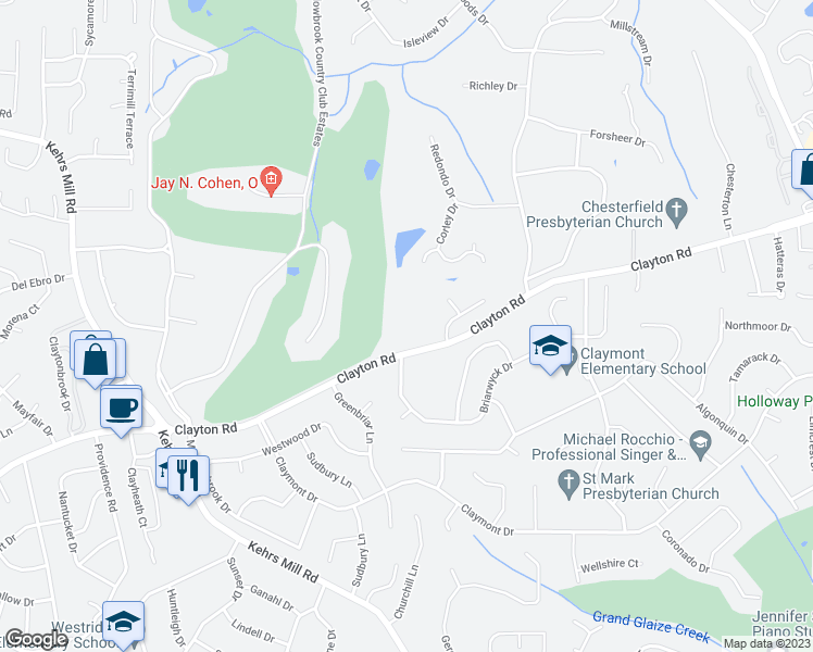map of restaurants, bars, coffee shops, grocery stores, and more near 15197 Clayton Road in Chesterfield