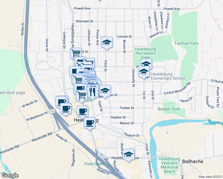 map of restaurants, bars, coffee shops, grocery stores, and more near 314 Plaza Street in Healdsburg