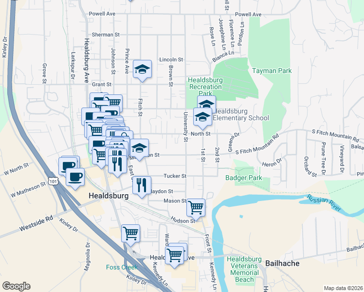 map of restaurants, bars, coffee shops, grocery stores, and more near 315 University Street in Healdsburg