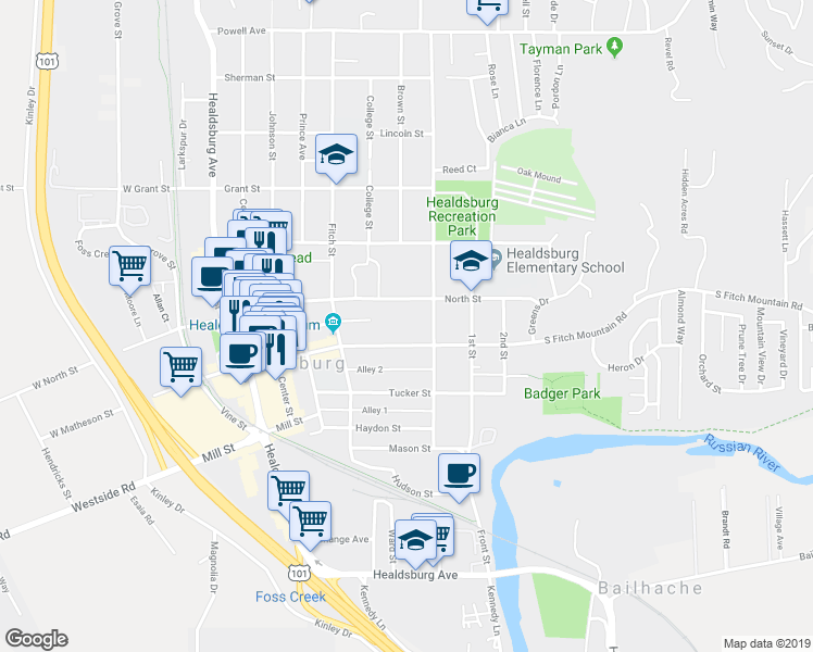 map of restaurants, bars, coffee shops, grocery stores, and more near 401 Matheson Street in Healdsburg