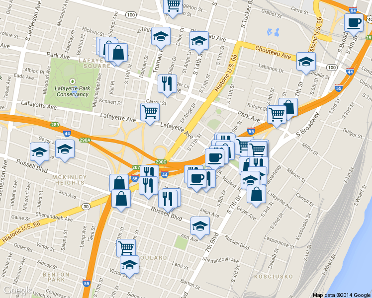 map of restaurants, bars, coffee shops, grocery stores, and more near 1700 South 11th Street in St. Louis