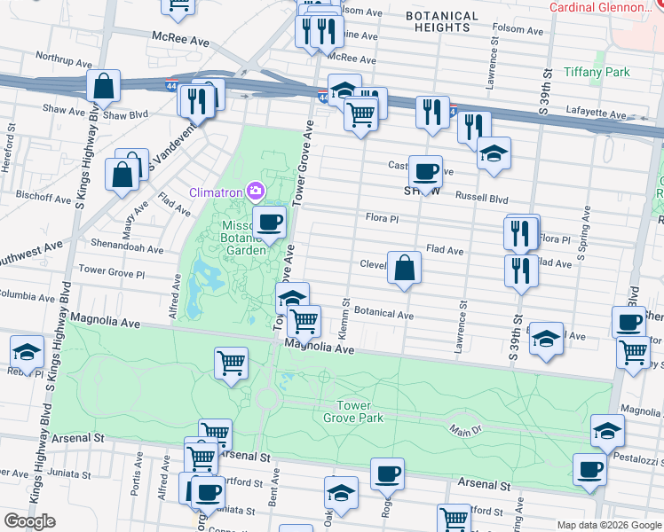 map of restaurants, bars, coffee shops, grocery stores, and more near 4218 Cleveland Avenue in St. Louis