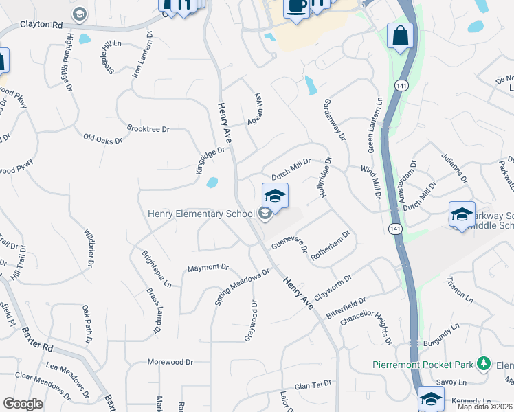 map of restaurants, bars, coffee shops, grocery stores, and more near 6 Springlake Court in Ballwin