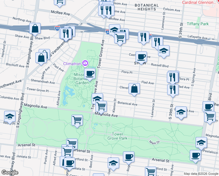 map of restaurants, bars, coffee shops, grocery stores, and more near 4218 Cleveland Avenue in St. Louis