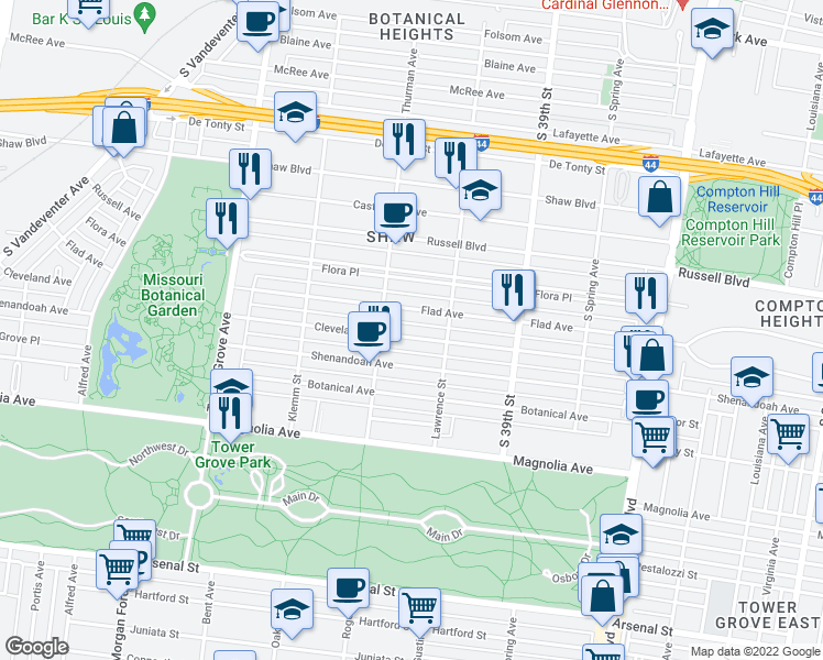 map of restaurants, bars, coffee shops, grocery stores, and more near 4049 Cleveland Avenue in St. Louis