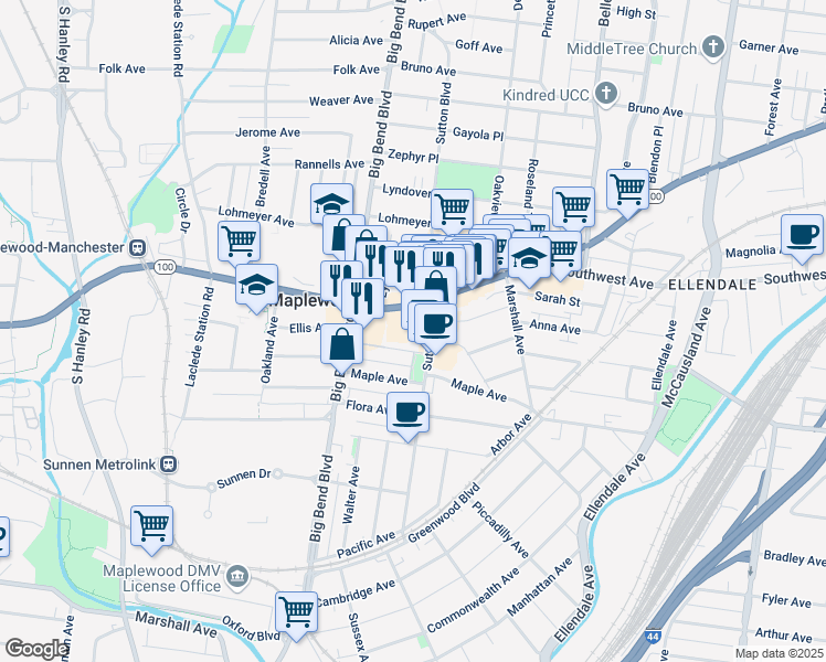 map of restaurants, bars, coffee shops, grocery stores, and more near 2731 Sutton Boulevard in Maplewood