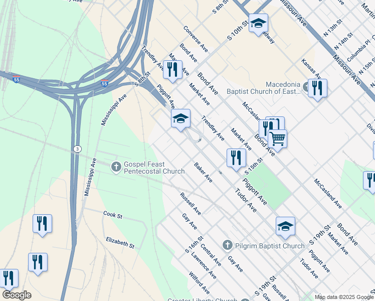 map of restaurants, bars, coffee shops, grocery stores, and more near 1213 Baker Avenue in East St. Louis