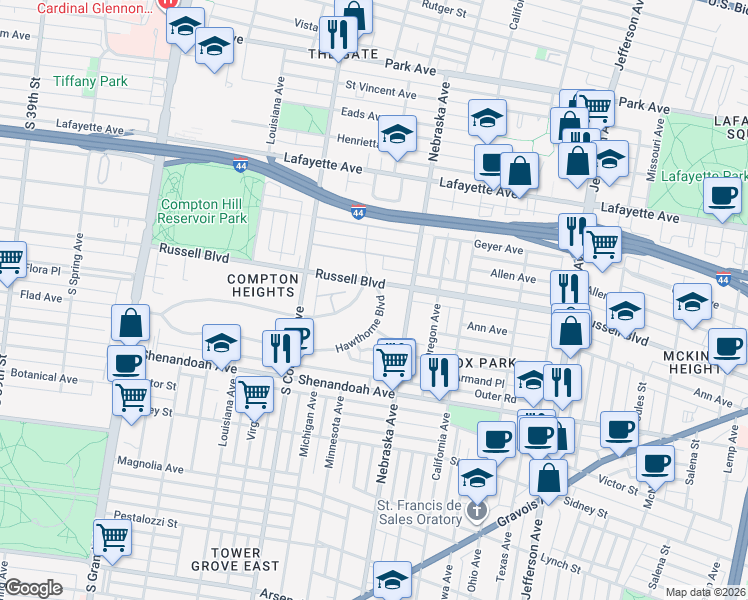 map of restaurants, bars, coffee shops, grocery stores, and more near 3020 Hawthorne Boulevard in St. Louis