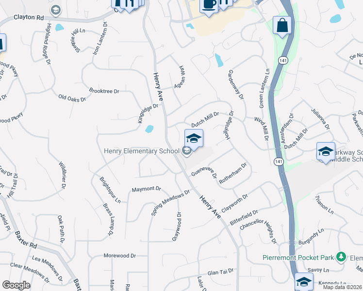 map of restaurants, bars, coffee shops, grocery stores, and more near 6 Springlake Court in Ballwin